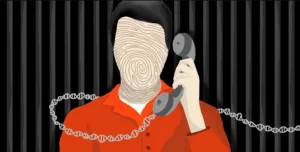An illustration of a prisoner talking on a phone, with a fingerprint in place of his face