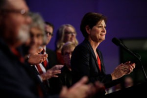 Iowa governor Kim Reynolds celebrates her re-election