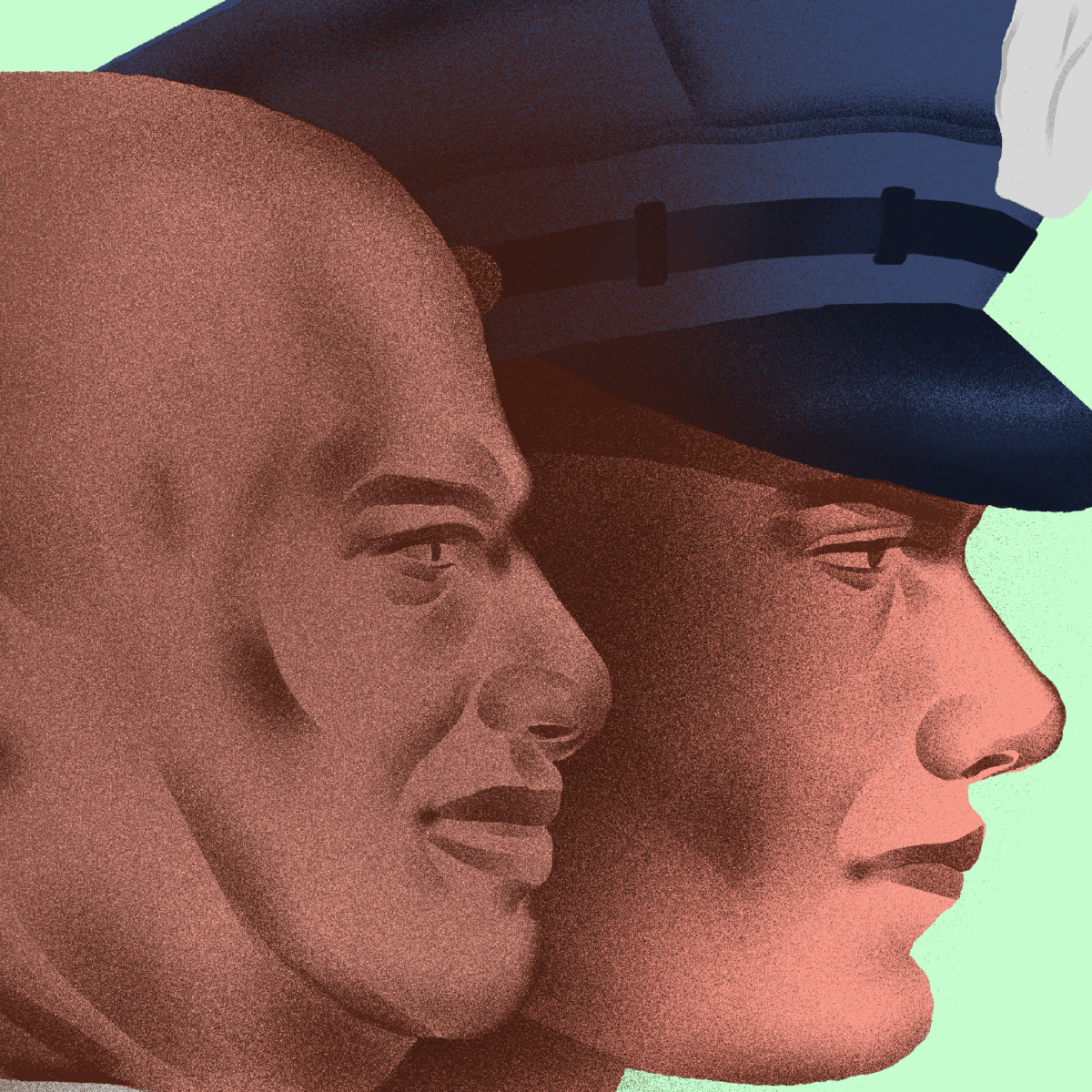 illustration of police man's face next to DA's face