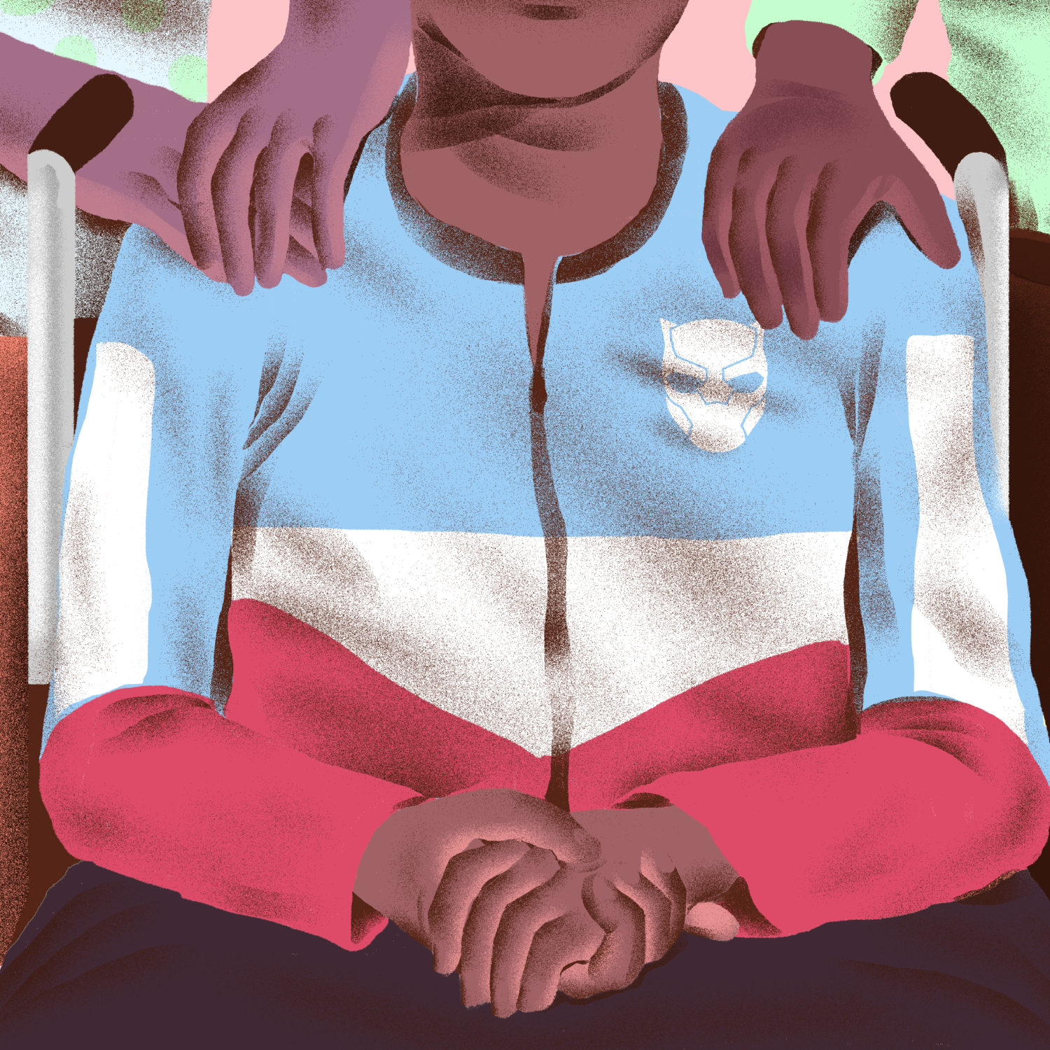 illustration of a boy sitting with hands on his shoulders