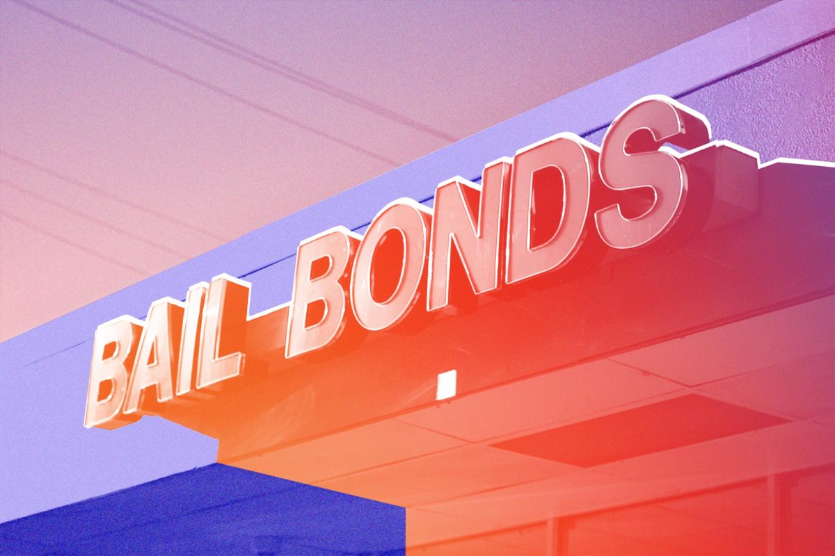 Photoillustration depicting a bail bonds storefront.