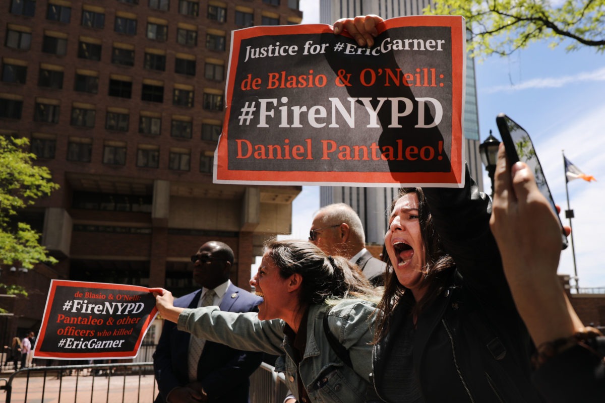 MAY 21: Protesters gather outside of Police Headquarters in Manhattan to protest during the police disciplinary hearing for Officer Daniel Pantaleo,