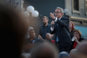 Ohio Governor Mike DeWine speaks to mourners at a memorial service held to recognize the victims of an early-morning mass shooting in the popular nightspot on August 04, 2019