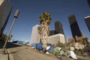 A homeless encampment next to a Downtown Los Angeles freeway.