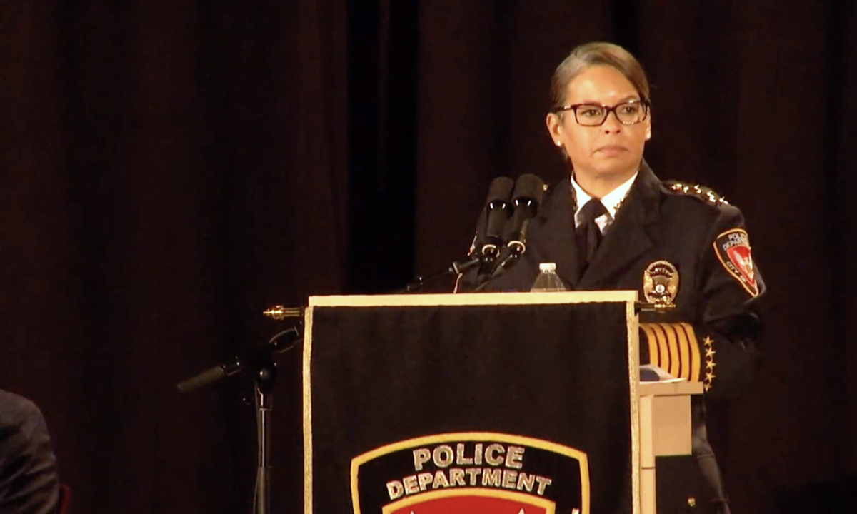 Patrice Andrews stands at a lectern during her swearing-in as Durham Police chief.