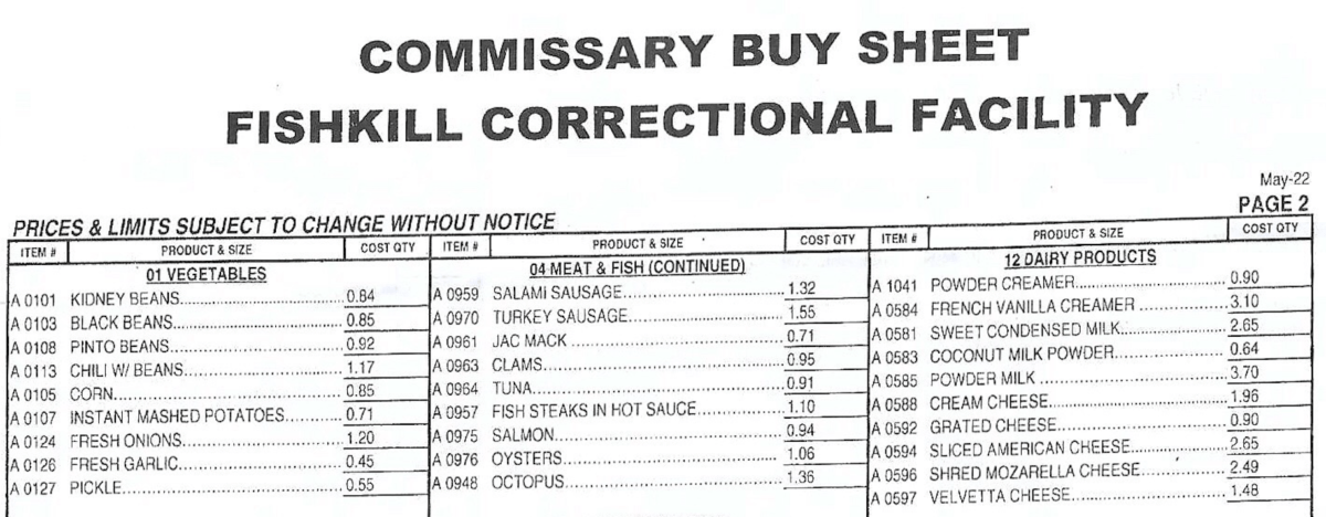 A section of the commissary menu at New York's Fishkill Correctional Facility showing limited vegetable options.