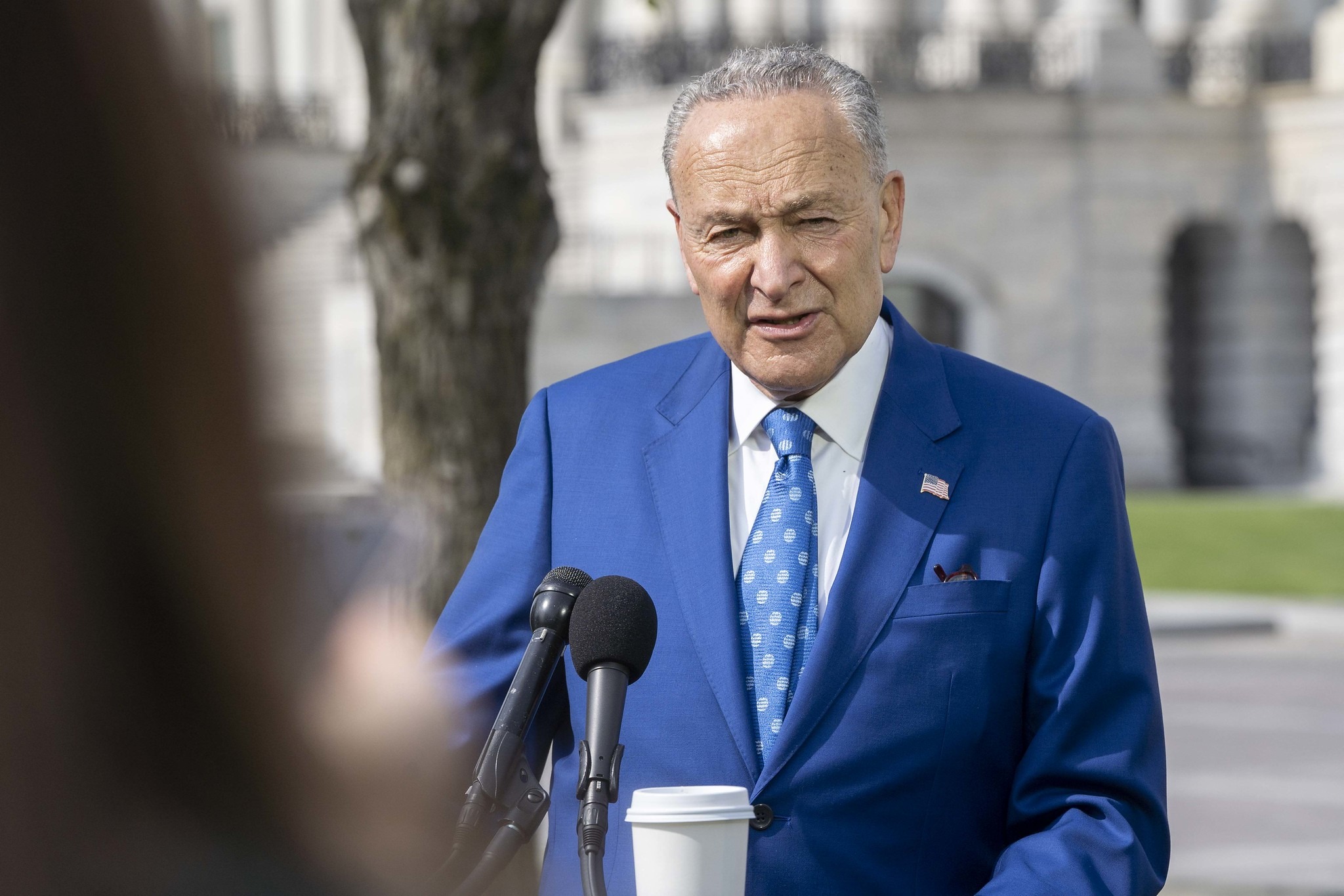 Senate Majority Leader Chuck Schumer speaks at a lectern outdoors