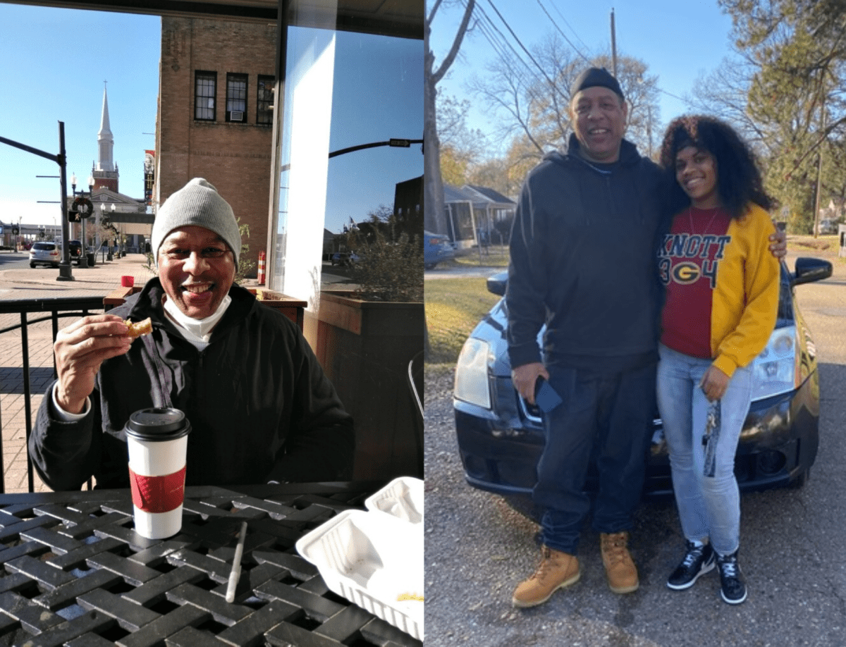 This photo is split in two vertically/. On the left, Fate Winslow is wearing a jacket and gray beanie hat, seated at an outdoor table, and drinking coffee. On the right, Winslow and his daughter Faith Canada stand in front of a Nissan Altima.