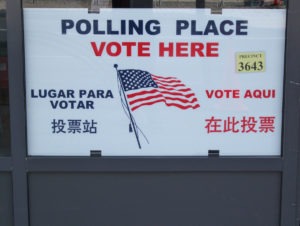Sign for a polling place in the United States.