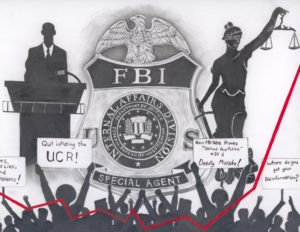 An illustration of protesters responding to FBI crime data