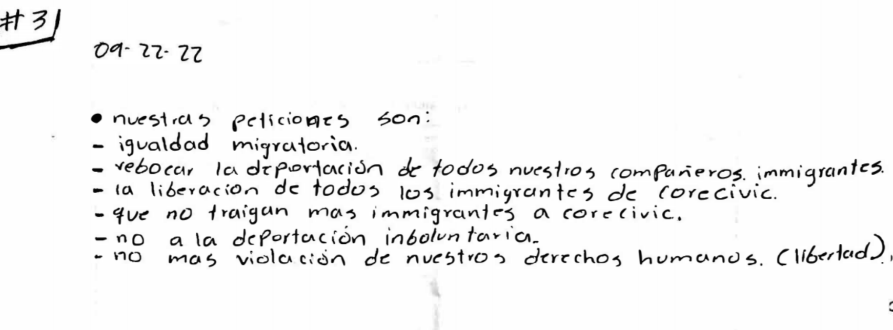 An excerpt of an open letter hand-written by immigrants detained at Torrance County Detention Facility in New Mexico