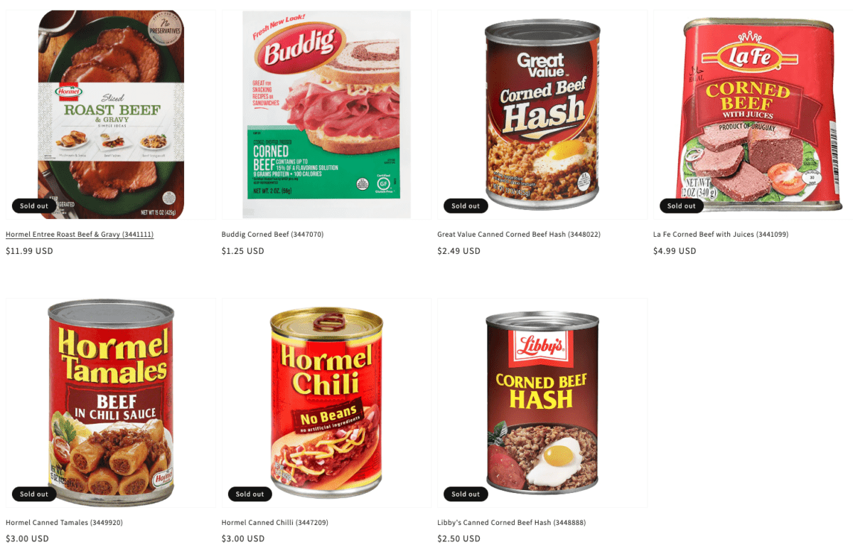 A screenshot of the GROONO/S catalog showing many beef products out of stock.