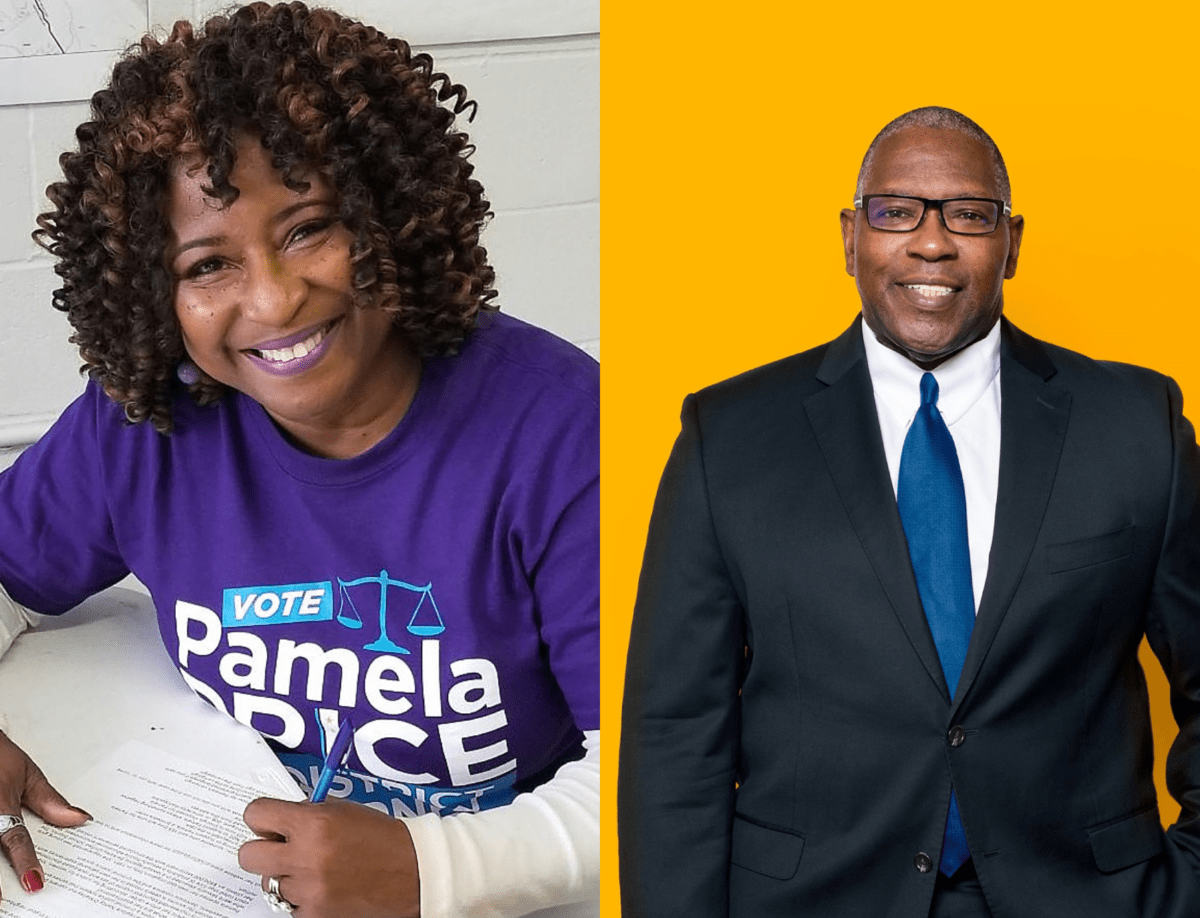 This photo is split in half vertically and shows campaign headshots of Pamela Price and Terry WIley.