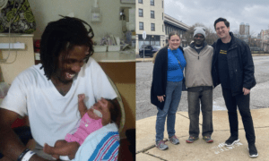 This photo is split vertically in half. On the left, Antonio Meanus holds an infant inside a hospital. On the right, Robert Smith stands with public defender Josh Lohn and an unnamed woman. Both were charged with felony murder.