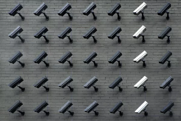 A wall of surveillance cameras