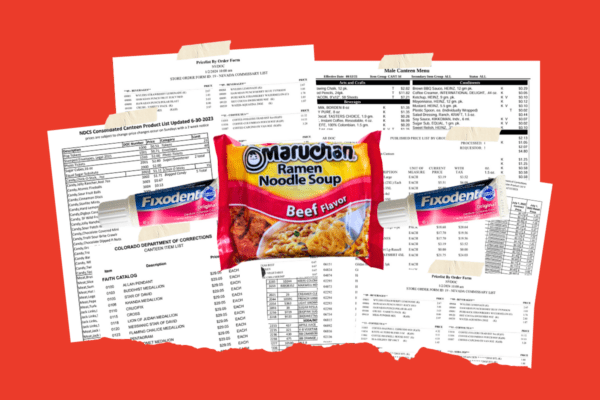 Several commissary lists layered on top of one another with a picture of ramen noodles and a tube of denture cream