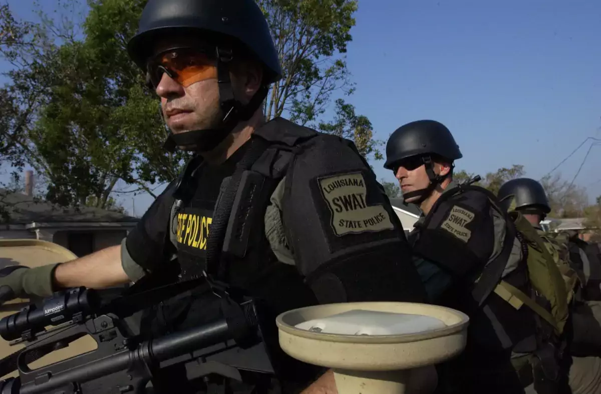 This photo shows a close-up of Louisiana State Police's SWAT Team.