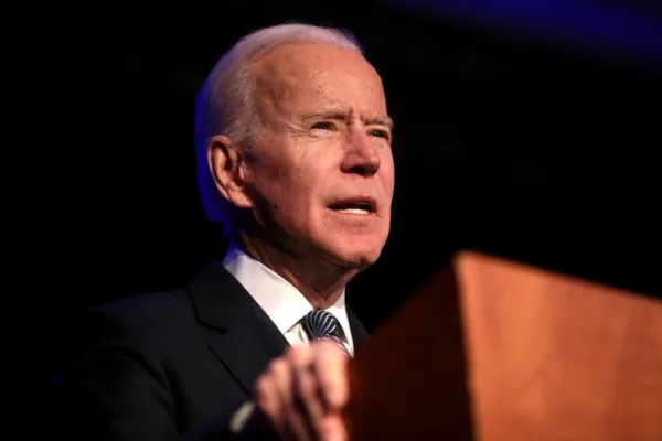 This photo shows a close-up of President Joe Biden giving a speech.