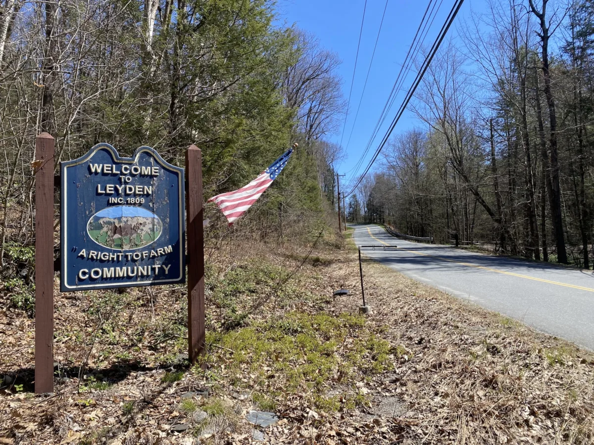 A sign on the outskirts of Leyden, Massachusetts.