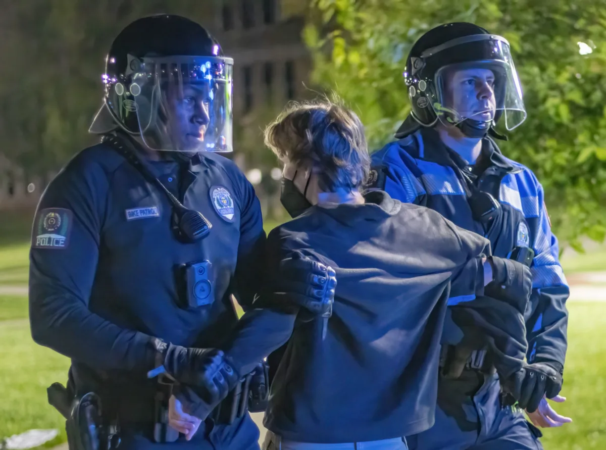 Police arresting a pro-Palestinian demonstrator at Ohio State University on April 25.