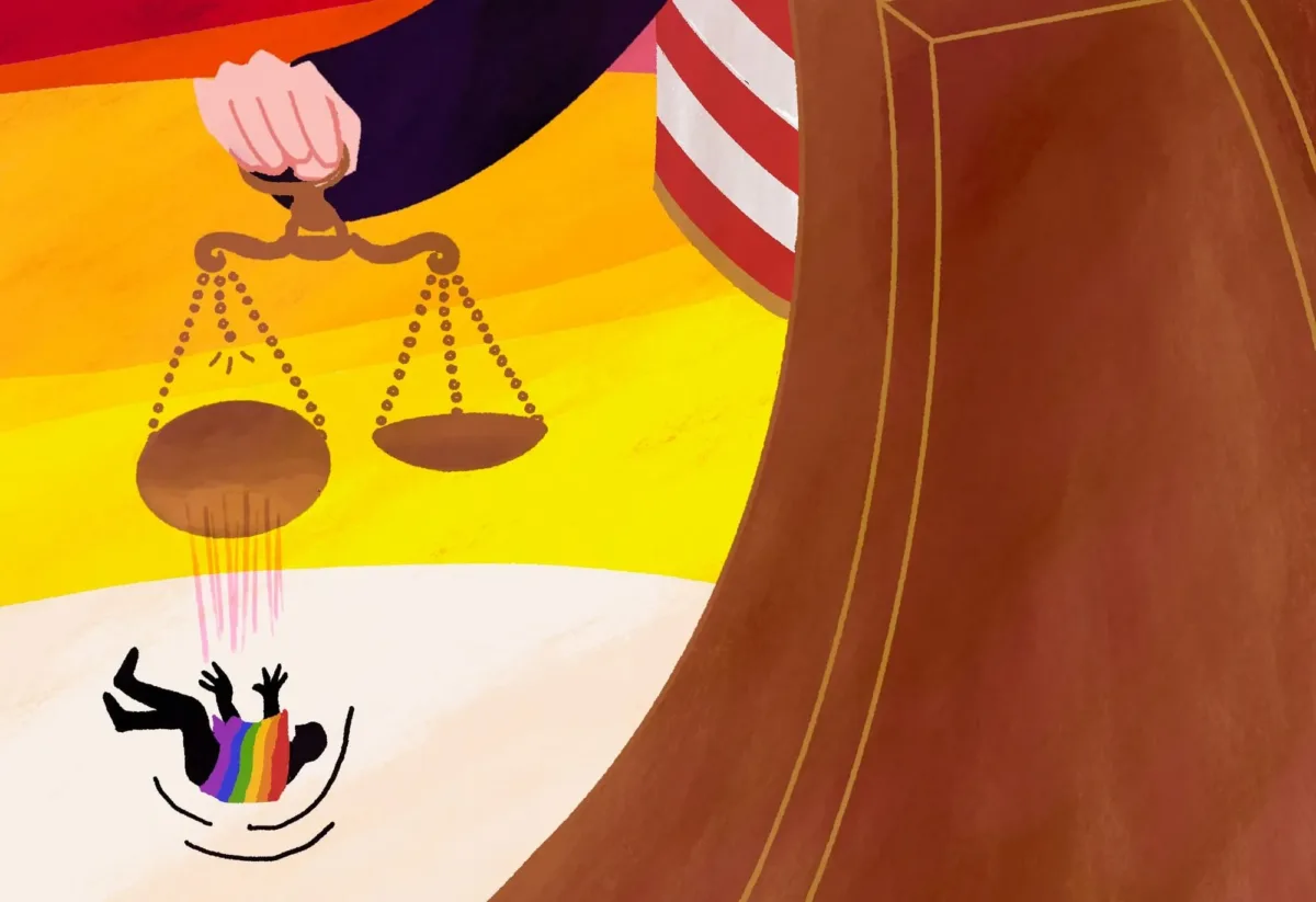 This is an illustration of a towering judge holding the "scales of justice." A silhouette of a man has fallen off one of the scales. His shirt is the colors of the rainbow LGBTQ pride flag.