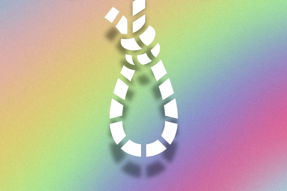 This photo shows a drawing of a noose hanging over a rainbow background.