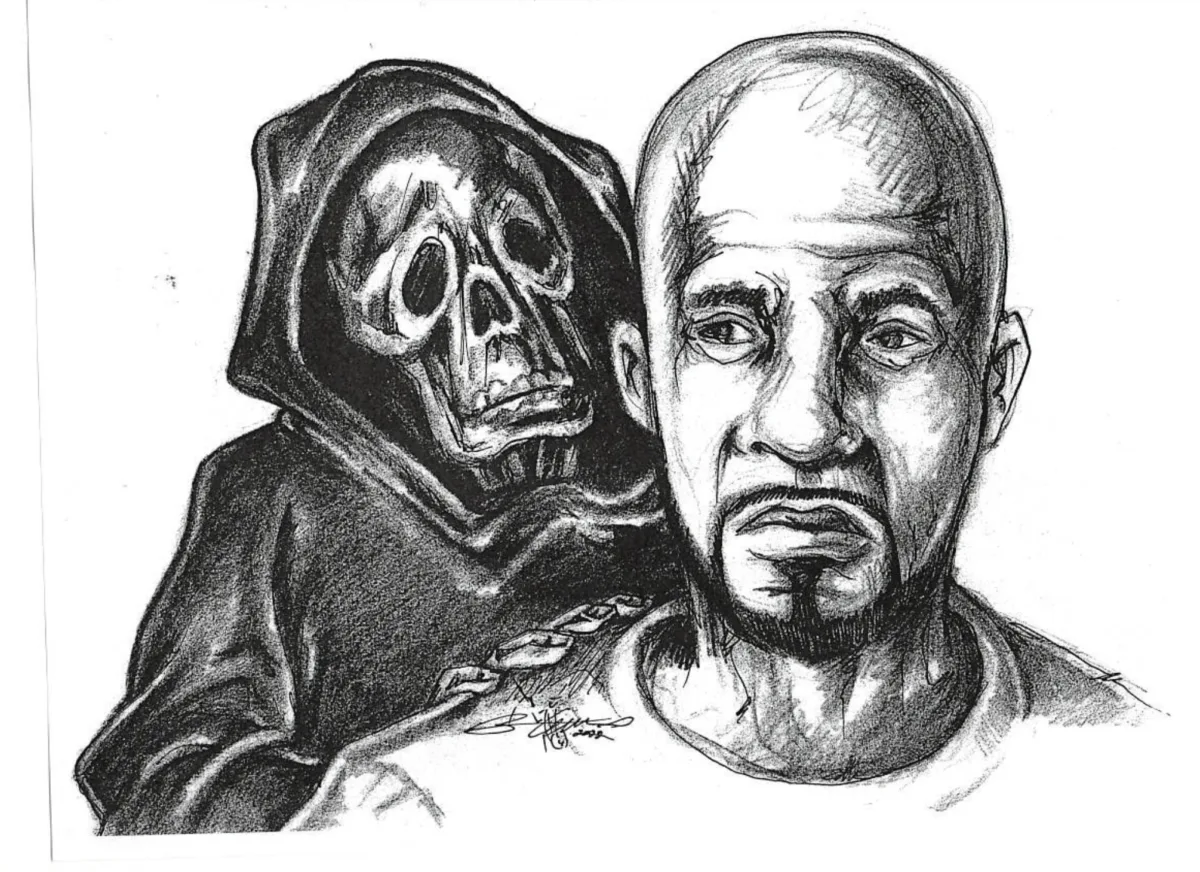 This is a pencil drawing by Billie Allen. It is a close-up of his head. The Grim Reaper stands behind his shoulder.