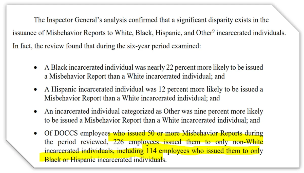 An excerpt from the 2022 IG report, with a sentence highlighted that says "Of DOCCS employees who issued 50 or more Misbehavior Reports during the period reviewed, 226 employees issued them to only non-White incarcerated individuals, including 114 employees who issued them to only Black or Hispanic incarcerated individuals."