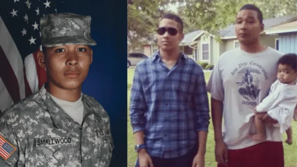 This photo is split into two parts. On the left side, Glenn Smallwood poses for a headshot in his Army National Guard fatigues. On the right, he stands outdoors holding his infant daughter next to his brother, John.