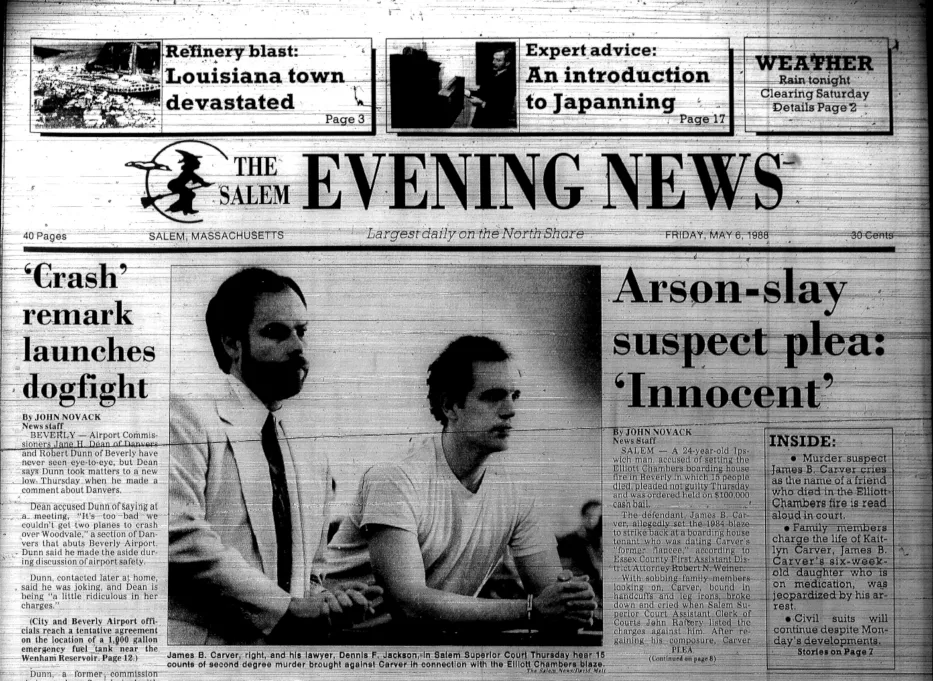 On the front page of the Salem Evening News, James Carver appears at his May 1988 arraignment with his trial attorney.