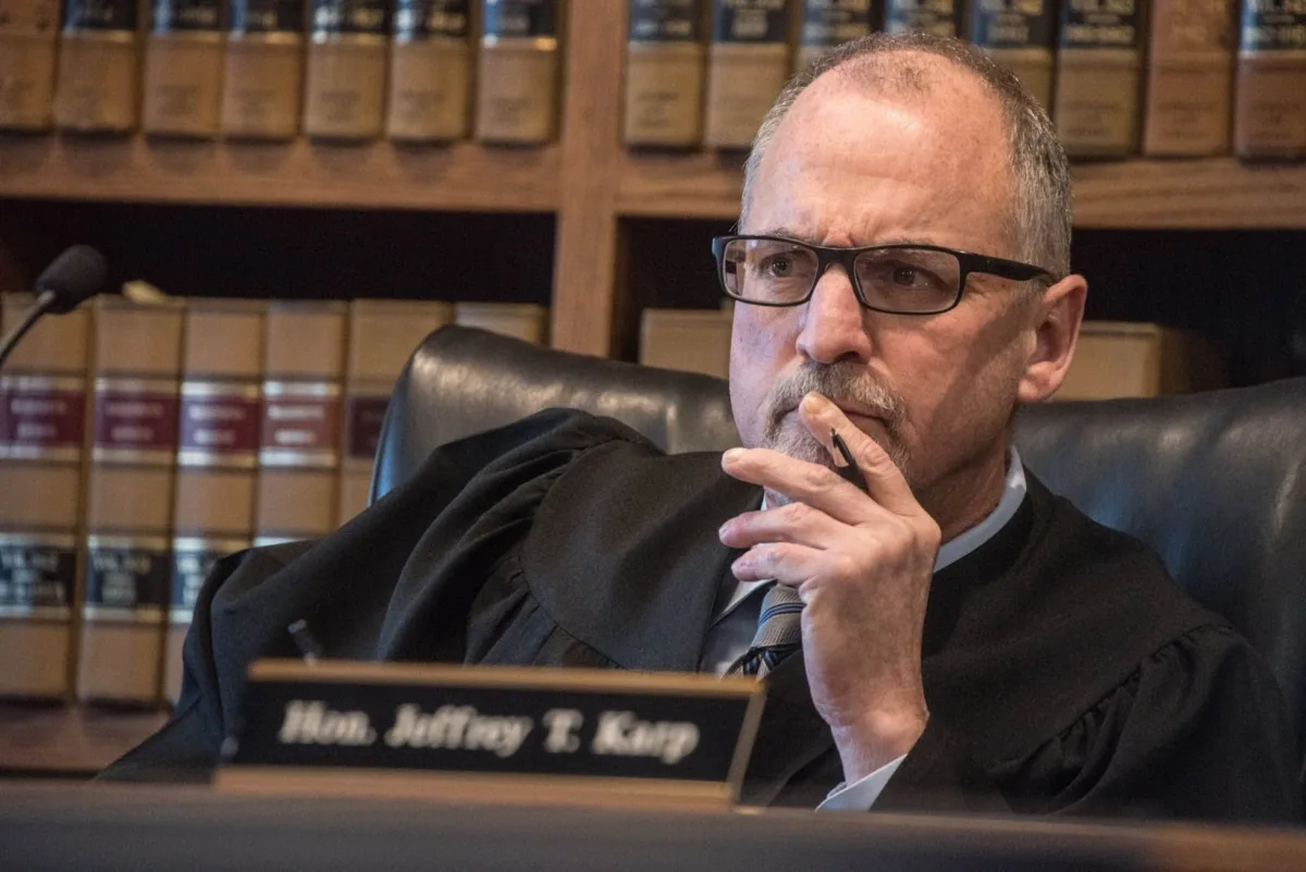 Essex County Superior Court Judge Jeffrey Karp listens to attorneys present arguments at James Carver’s bail hearing.