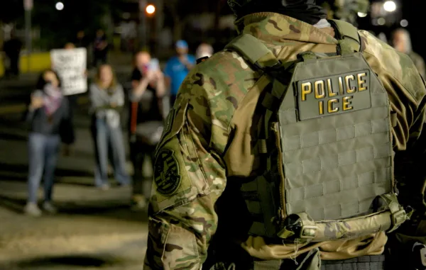 ICE/ERO Special Response Teams outside of Delaney Hall in New Jersey perform crowd control on June 10, 2026.