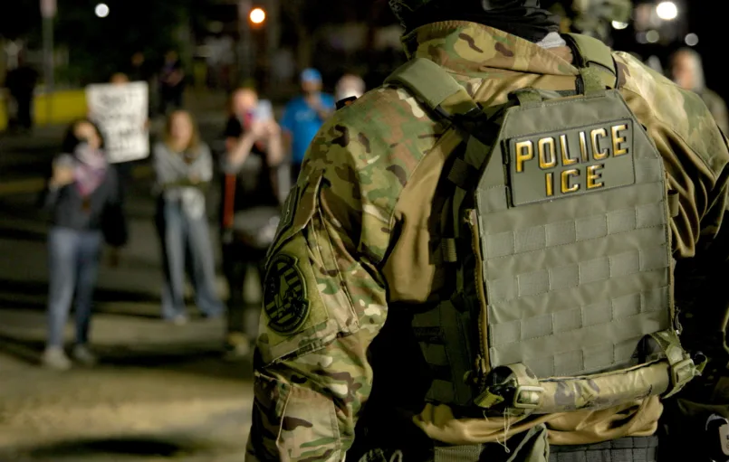 ICE/ERO Special Response Teams outside of Delaney Hall in New Jersey perform crowd control on June 10, 2026.