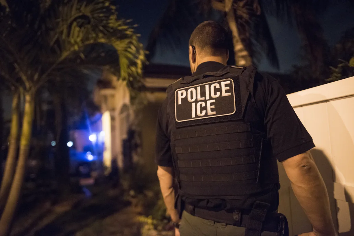 A U.S. Immigration and Customs Enforcement (ICE) officer facing away, with palm trees and police lights