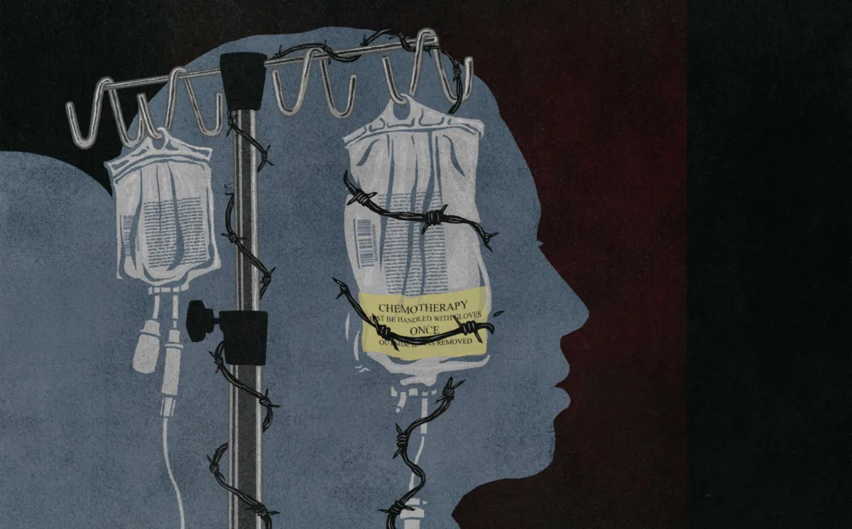 Illustration of an IV drip with chemotherapy medication, wrapped in barbed wire, over the silhouette of a patient