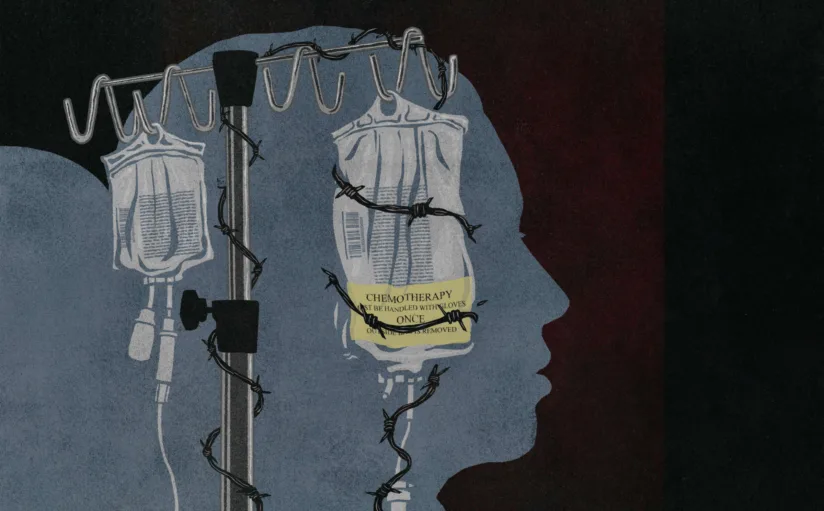 Illustration of an IV drip with chemotherapy medication, wrapped in barbed wire, over the silhouette of a patient