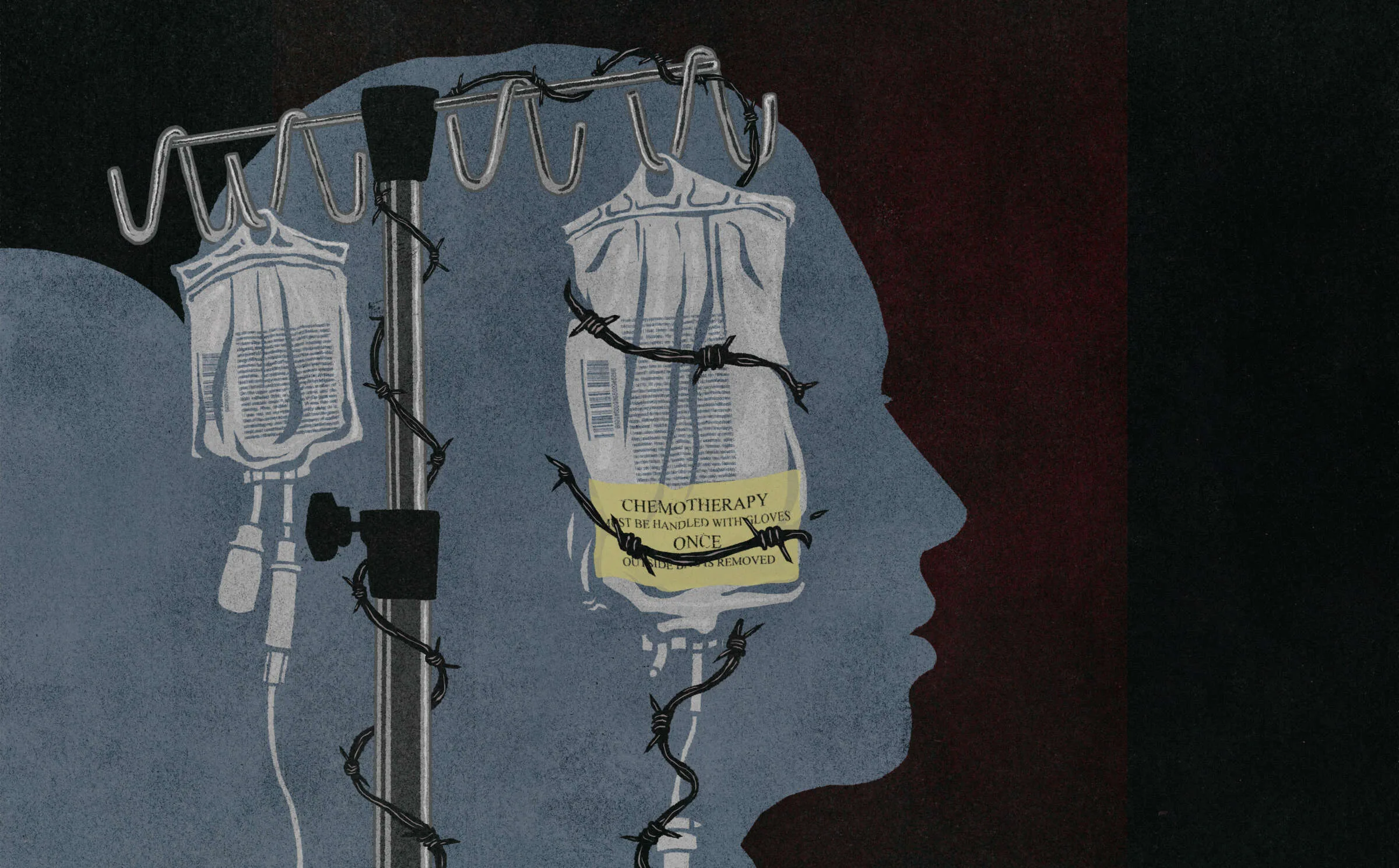 Illustration of an IV drip with chemotherapy medication, wrapped in barbed wire, over the silhouette of a patient