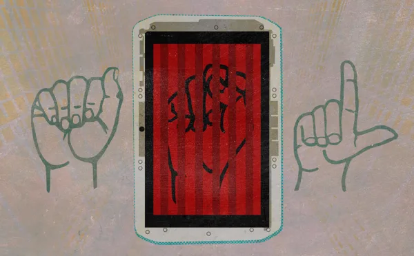 Illustration of ASL hand diagrams with a tablet viewing it from behind bars